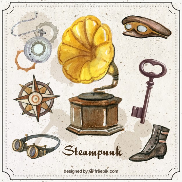 626x626 Watercolor Record Player With Steampunk Accessories Vector Free - Steampunk Watercolor