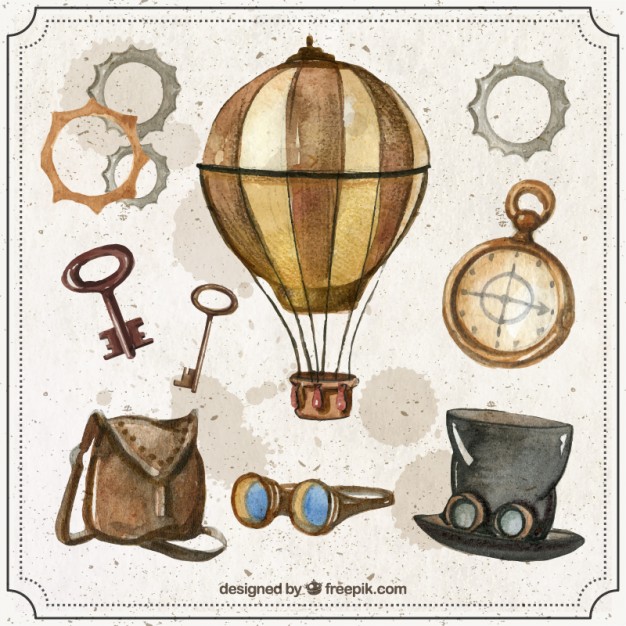 626x626 Watercolor Steampunk Elements Set Vector Free Download - Steampunk Watercolor