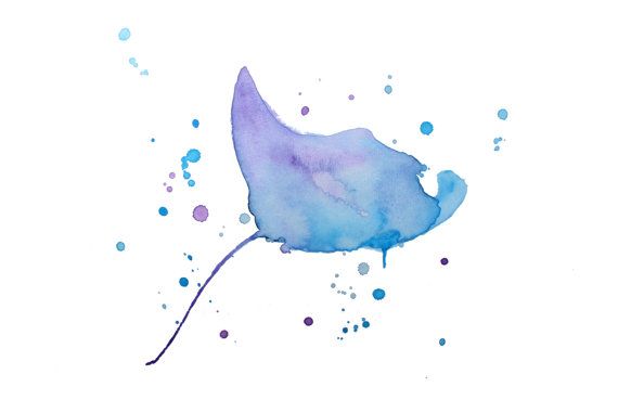 570x369 Sea Creatures Watercolor Prints Set Abstract Turtles, Stingray - Stingray Watercolor