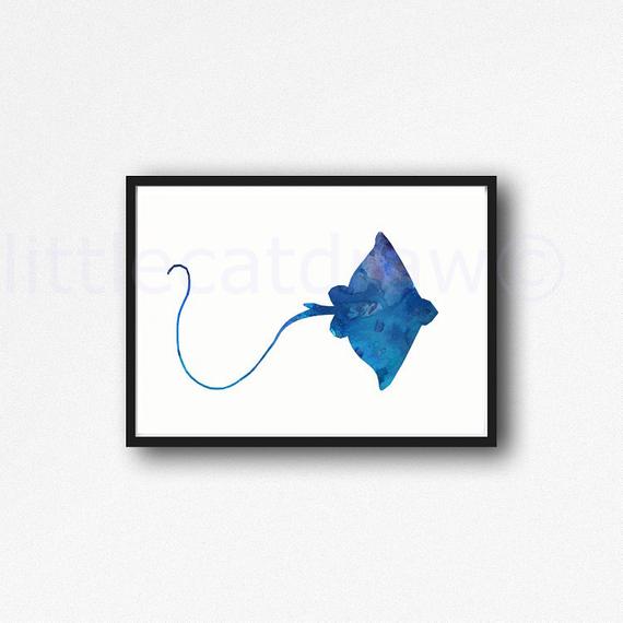 570x570 Stingray Art Print Deep Blue Print Watercolor Painting Art Etsy - Stingray Watercolor
