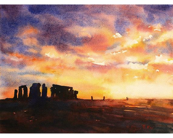 570x456 Watercolor Painting Of Stonehenge Ruins - Stonehenge Watercolor