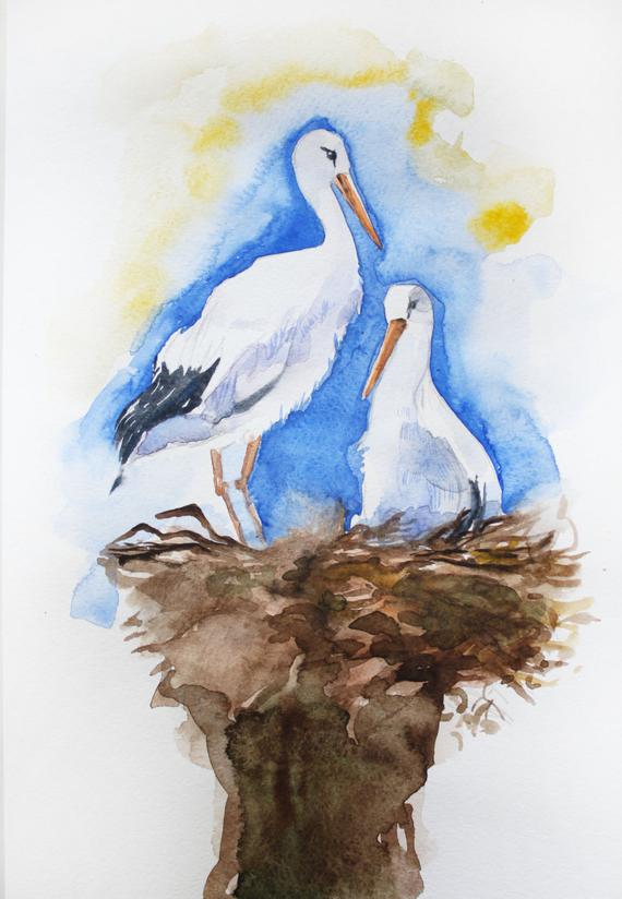 570x824 Stork Watercolor Original Stork Bird Painting Bird Etsy - Stork Watercolor