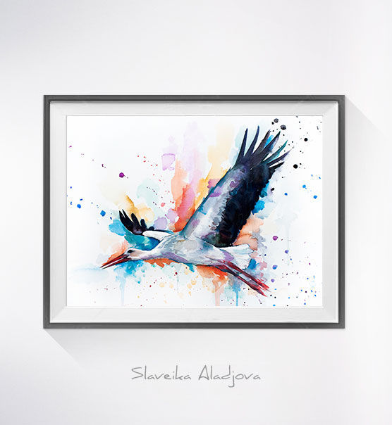 556x604 Stork Watercolor Painting Print - Stork Watercolor