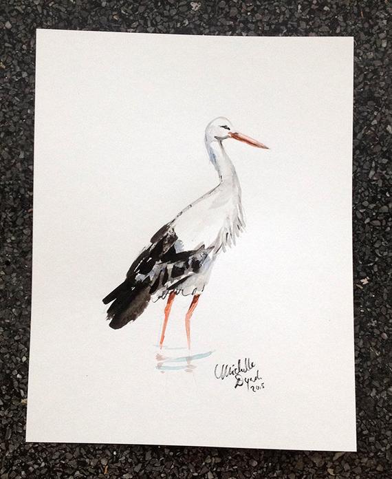570x696 Stork Watercolour Painting Ink Drawing Giclee Print Zen Etsy - Stork Watercolor
