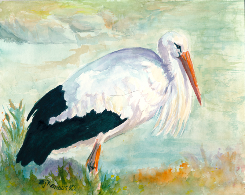 802x640 White Stork Resting Original Watercolor Painting - Stork Watercolor