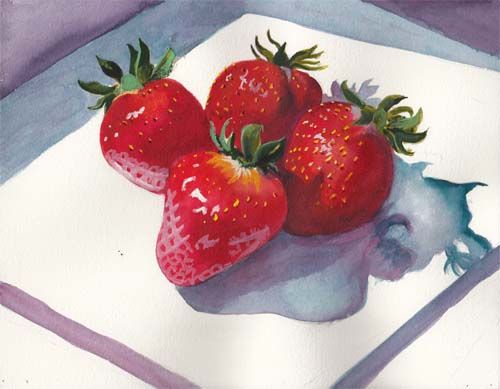 500x389 Strawberries Watercolor Painting February Challenge Bunny Griffith - Strawberry Watercolor Painting