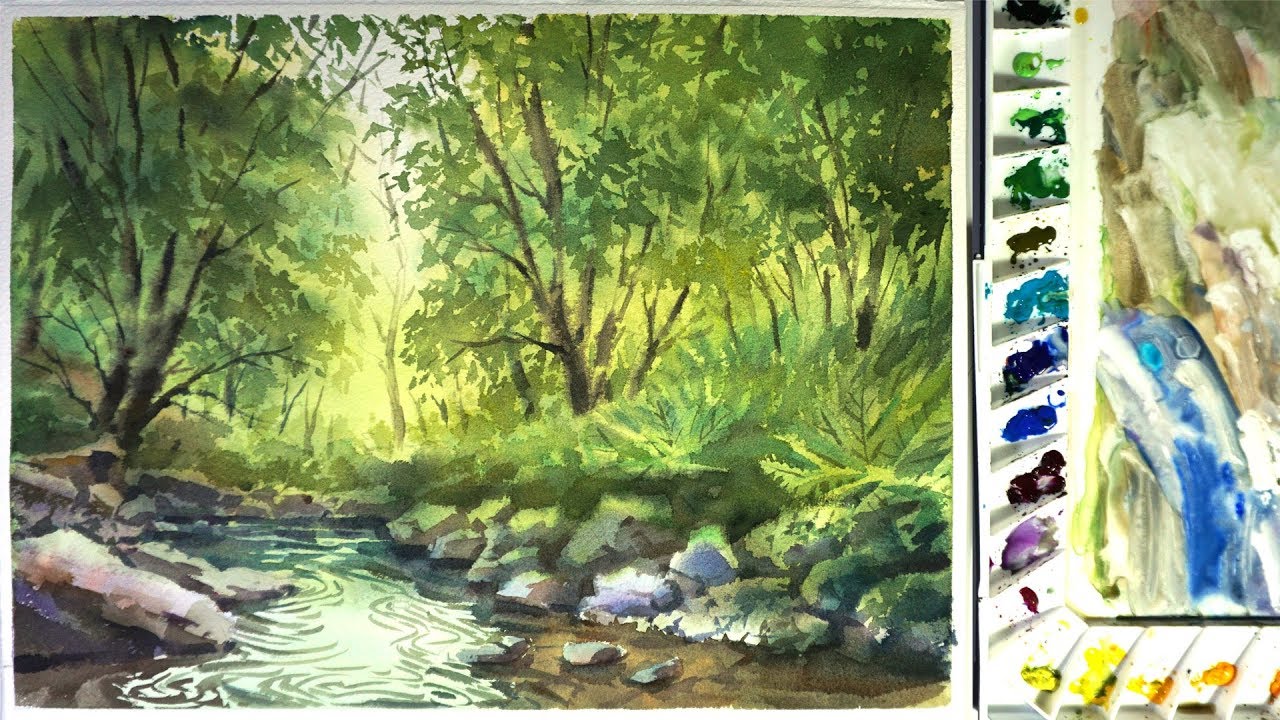 1280x720 Watercolor Landscape Painting The Forest Stream 02 - Stream Watercolor