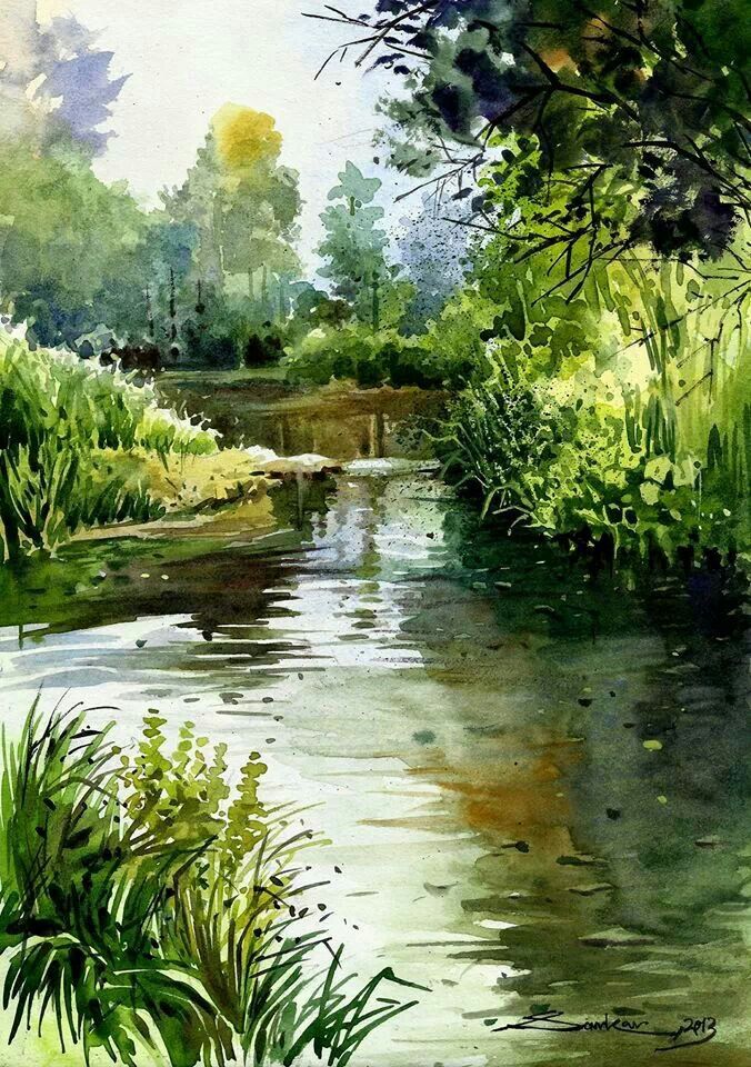 676x960 Watercolor Landscape Forest Stream River Water Love Watercolors - Stream Watercolor