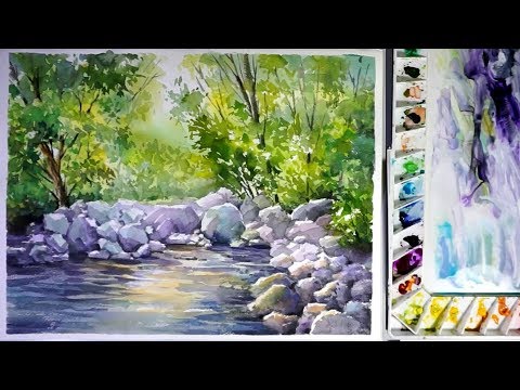 480x360 Watercolor Landscape Painting A Stream - Stream Watercolor