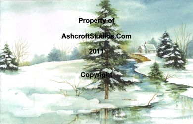 390x251 Winter Stream Watercolor Painting - Stream Watercolor