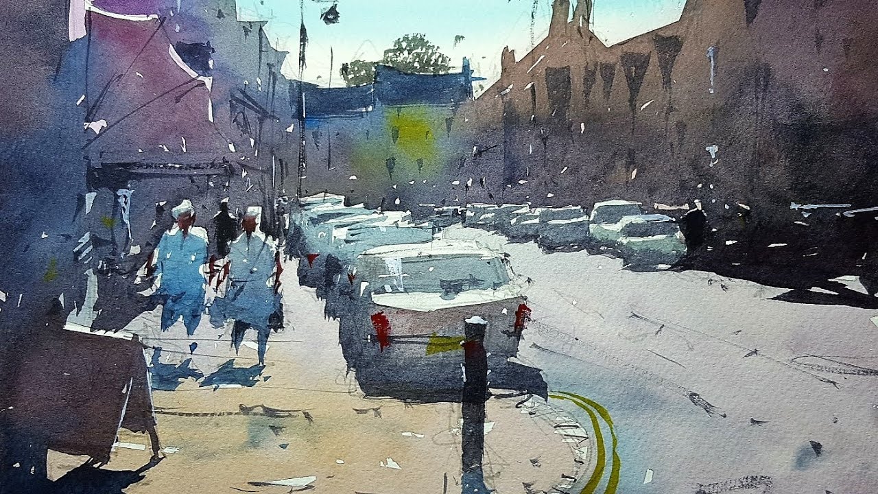 1280x720 Painting A Street Scene Contre Jour - Street Watercolor
