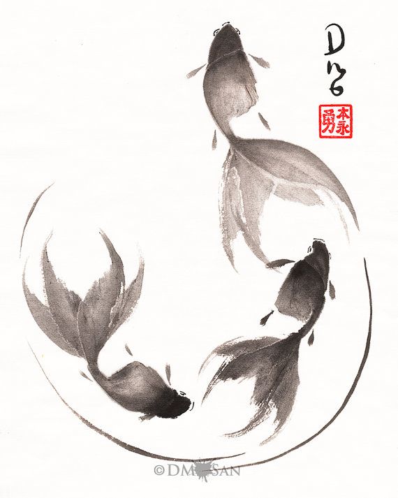 570x713 Goldish Sumi E Watercolor Painting - Sumi E Watercolor