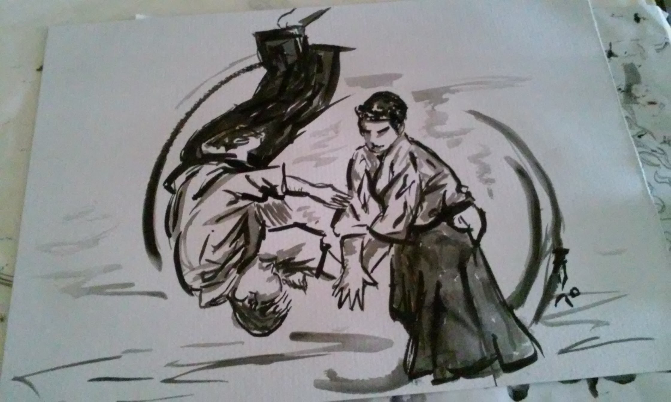 2240x1344 Aikido Kotegaeshi Sumi E Watercolor Painting - Sumi E Watercolor