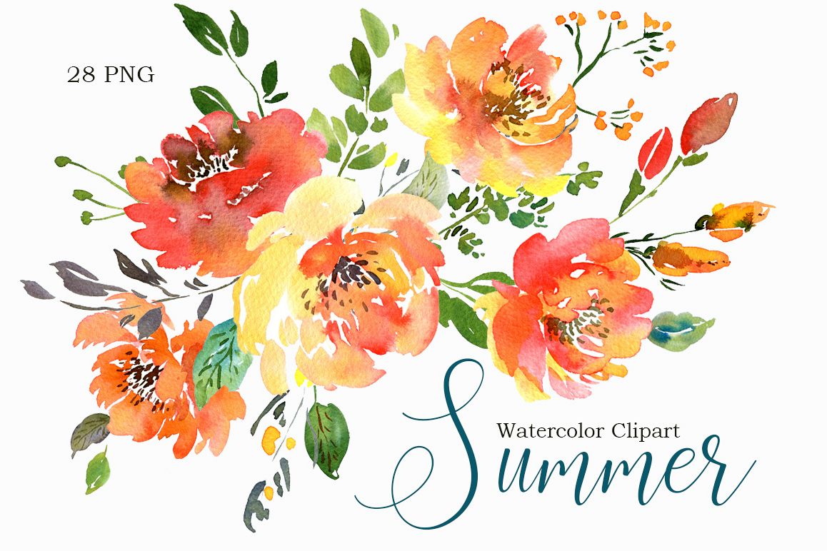 1158x772 Summer Orange Watercolor Flowers Png Collection - Summer Watercolor