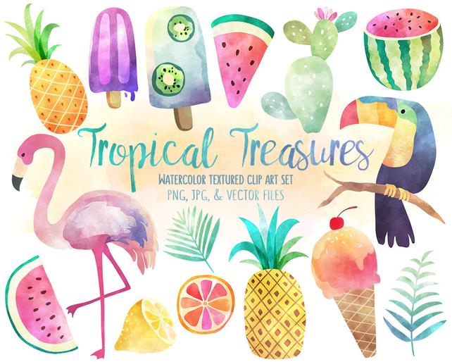 642x514 Tropical Clip Art Watercolor Summer Clipart Set Vector Etsy - Summer Watercolor