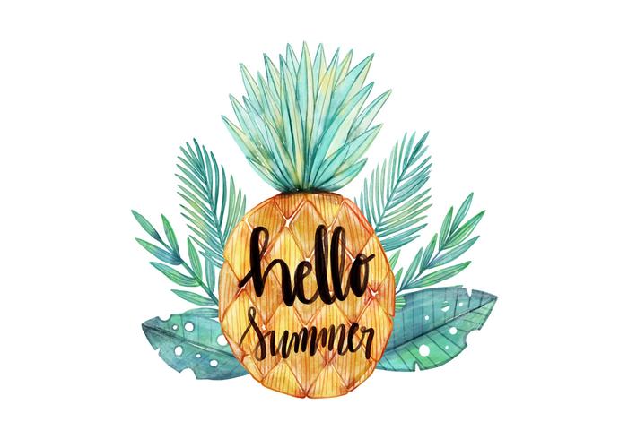 700x490 Hello Summer Watercolor Pineapple With Tropical Leaves Vector - Summer Watercolor