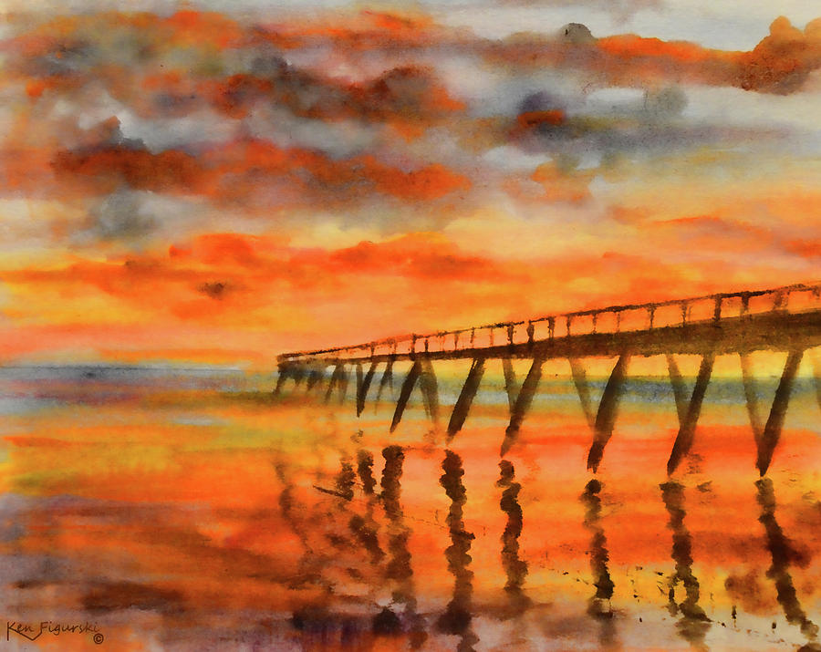 900x715 Pier Sunrise Watercolor Painting By Ken Figurski - Sunrise Watercolor