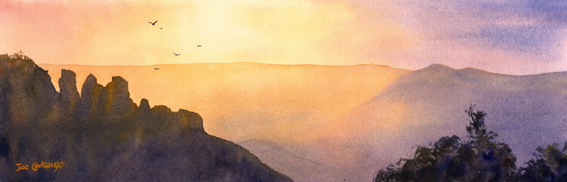800x258 Sunrise Over The Three Sisters, Blue Mountains, Nsw Watercolour - Sunrise Watercolor