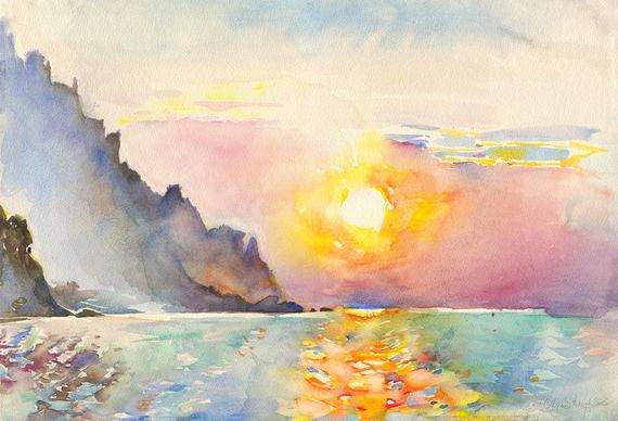 570x388 Sunrise Over The Sea Ocean Sun Print Of Watercolor Painting Etsy - Sunrise Watercolor