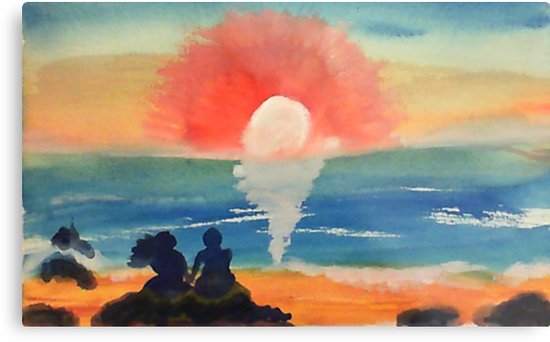 550x342 Couple Watching Sunsetsunrise, Watercolor Metal Prints By Anna - Sunrise Watercolor