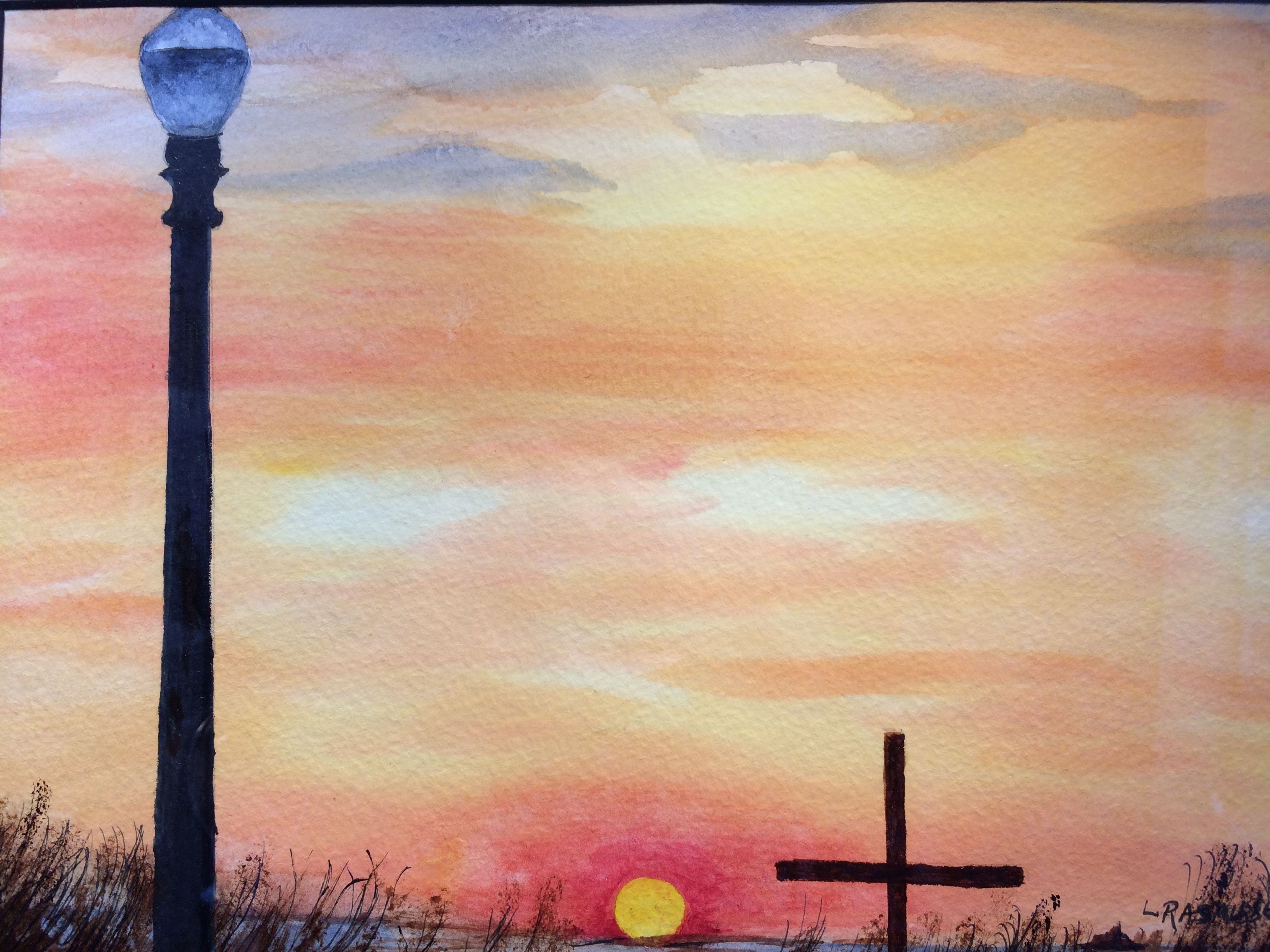 3264x2448 Ocean Grove Lamppost - Sunrise Watercolor Painting