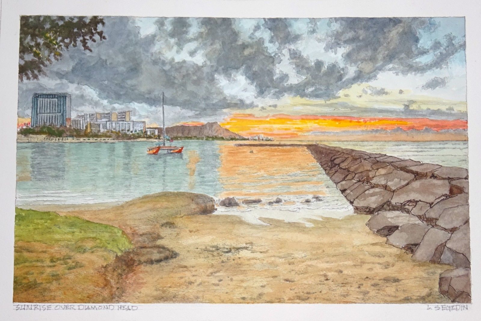 1600x1067 Original Hawaii Watercolor Painting Sunrise Over Diamond Head By - Sunrise Watercolor Painting