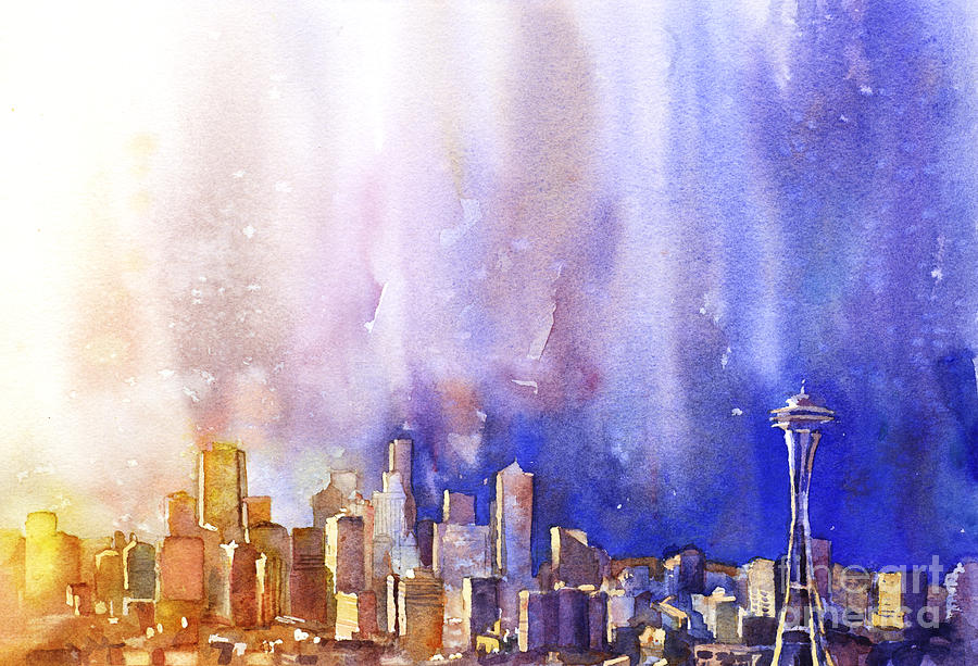 900x613 Seattle Sunrise Painting By Ryan Fox - Sunrise Watercolor Painting