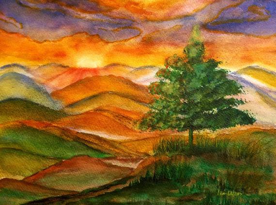 570x423 Sunrise Watercolor Painting Landscape Watercolor Painting Etsy - Sunrise Watercolor Painting