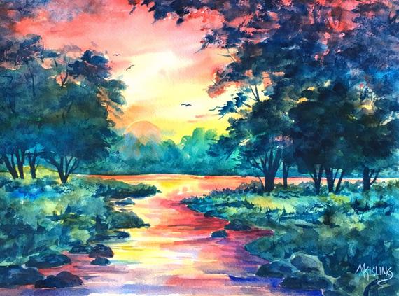 570x423 Sunrise Watercolor Sunset Painting Watercolor Stream Green Etsy - Sunrise Watercolor Painting