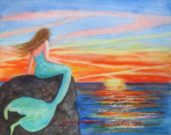 570x452 Mermaid Print Mermaid Wall Art Sunset Painting Beach Decor Etsy - Sunset Painting Watercolor