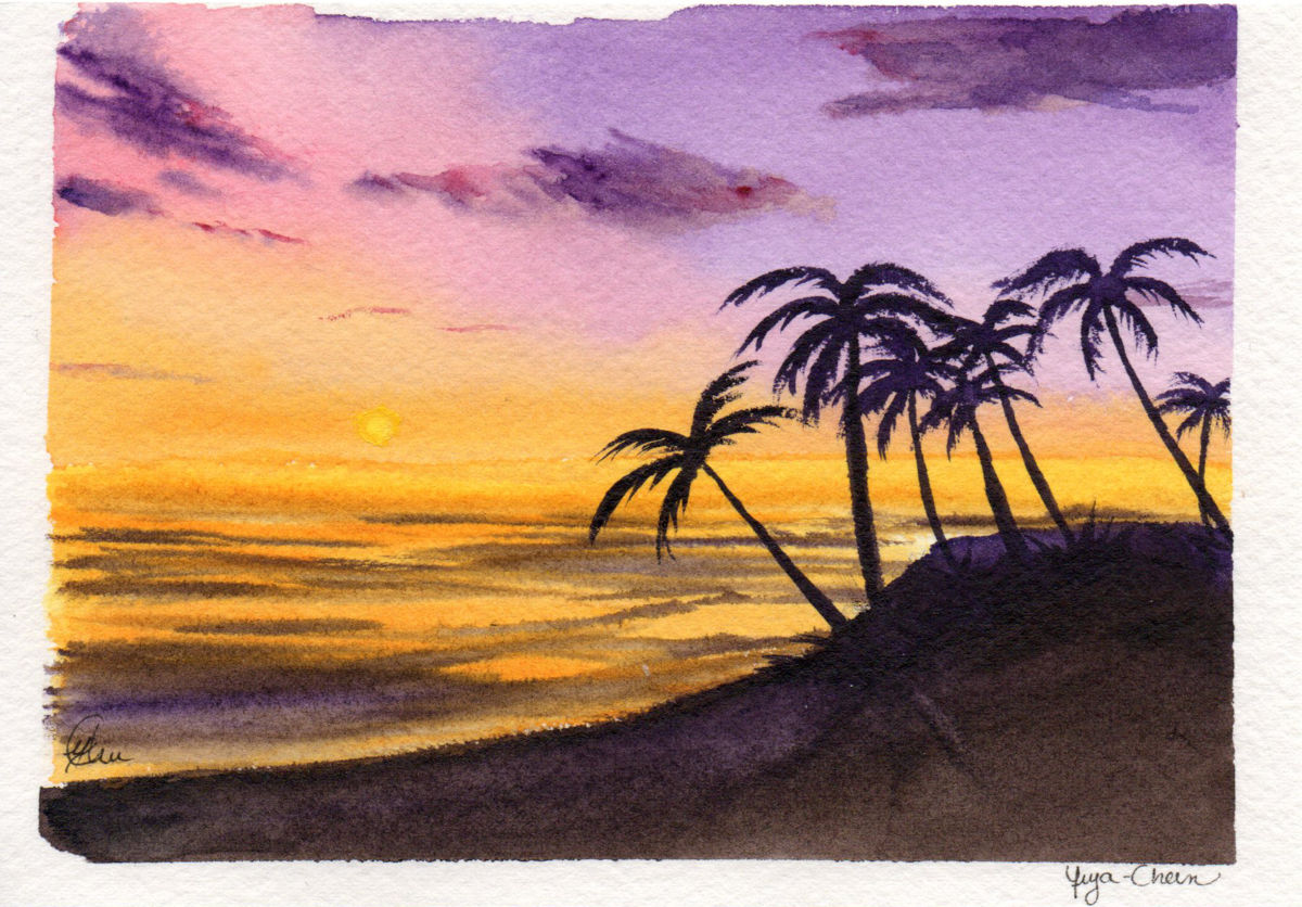 1200x836 Palm Trees In Sunset Light (Watercolor Postcard) (Sonia Minous) - Sunset Painting Watercolor