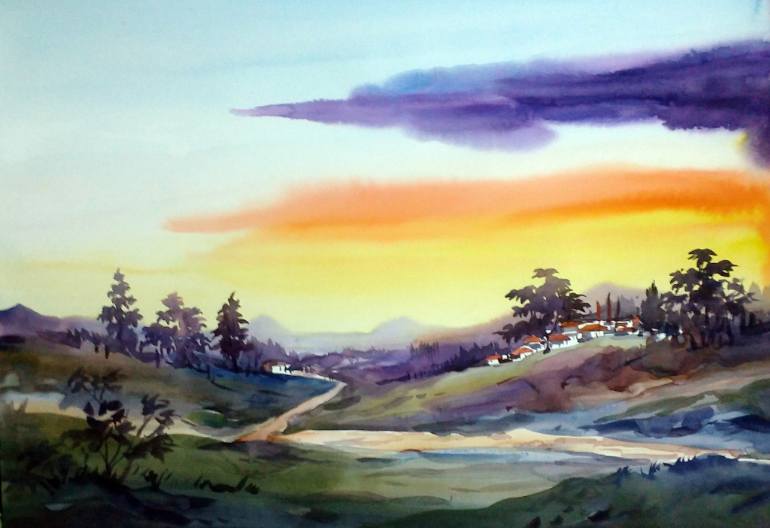 770x528 Sunset Himalaya Mountain Village Watercolor On Paper Painting - Sunset Painting Watercolor