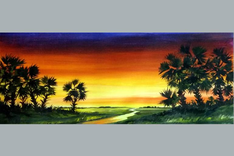 770x513 Sunset Village With Palm Trees Painting By Samiran Sarkar - Sunset Painting Watercolor