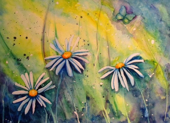 570x413 Sunshine Watercolor Painting Of Daisies Etsy - Sunshine Watercolor