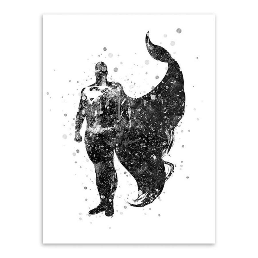 900x900 Watercolor Superhero Black White Wall Art Canvas Prints Painting - Superhero Watercolor