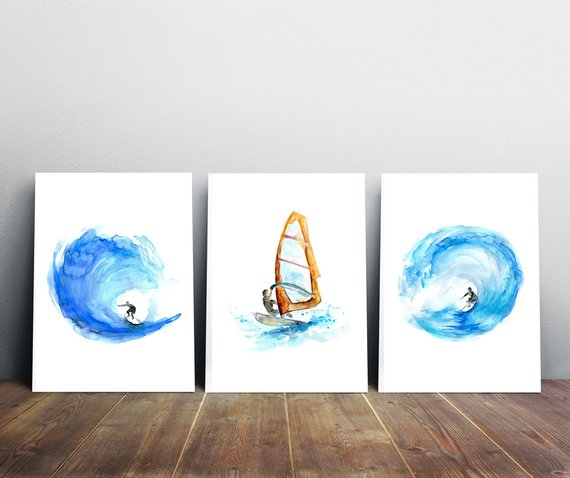 570x478 Surf Watercolor Painting Giclee Print Set Of 3 Surf Art Etsy - Surf Watercolor