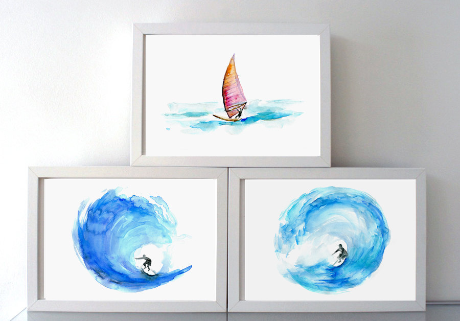 900x628 Surf Watercolor Painting Set Of 3 Prints Surf Art - Surf Watercolor