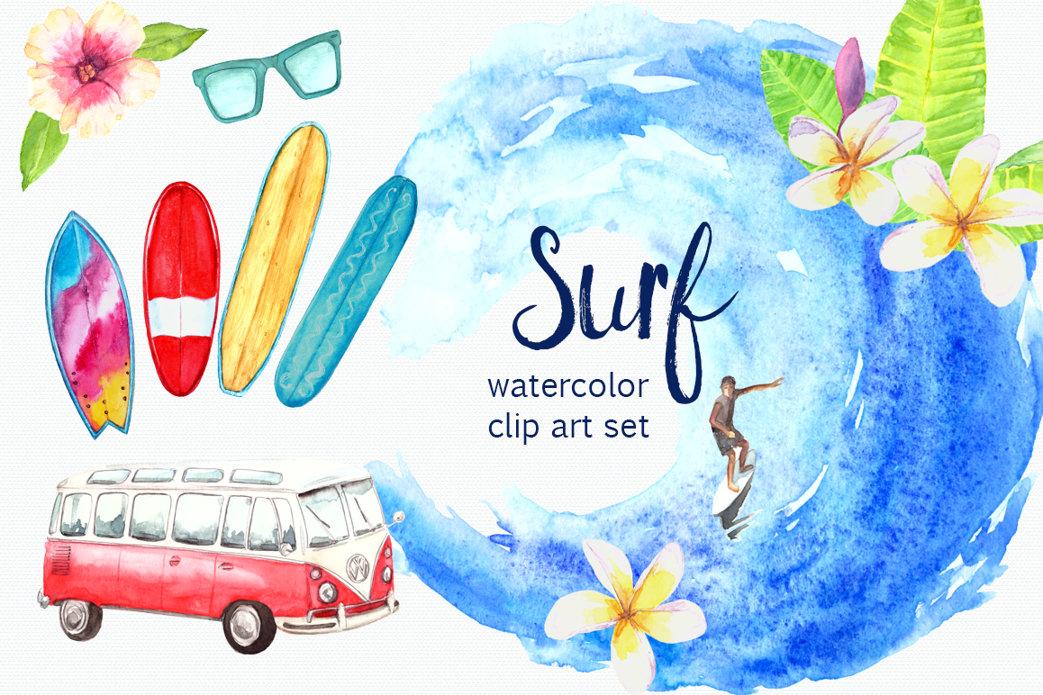 1158x772 Watercolor Surf Clip Art Set - Surf Watercolor