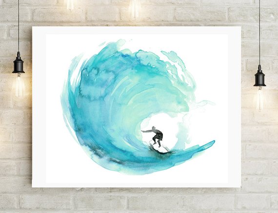 570x436 Green Wave Surf Art Surf Watercolor Painting Print Etsy - Surf Watercolor