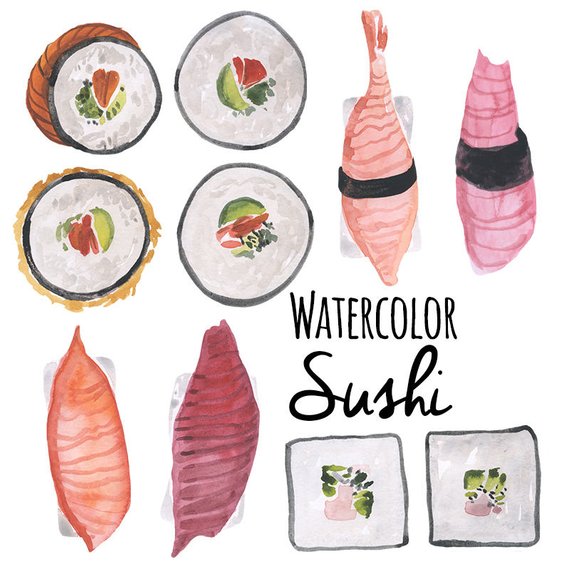 570x570 Watercolor Sushi Clip Art Illustrations Sushi Sashimi Nigiri Etsy - Sushi Watercolor