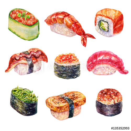 500x500 Watercolor Sushi Set Of Beautiful Tasty Japanese Sushi - Sushi Watercolor