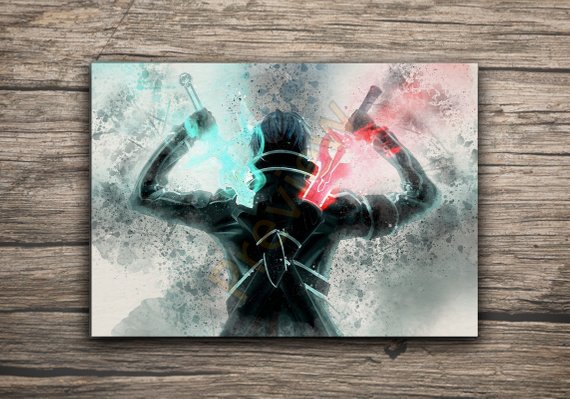 570x399 Sword Art Online Anime Kirito Berserker Poster Sao Watercolor Etsy - Sword Art Online Watercolor