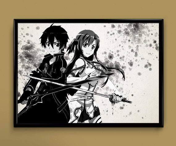 570x474 Sword Art Online Sao Kirito Asuna Watercolor Print By Colorink - Sword Art Online Watercolor