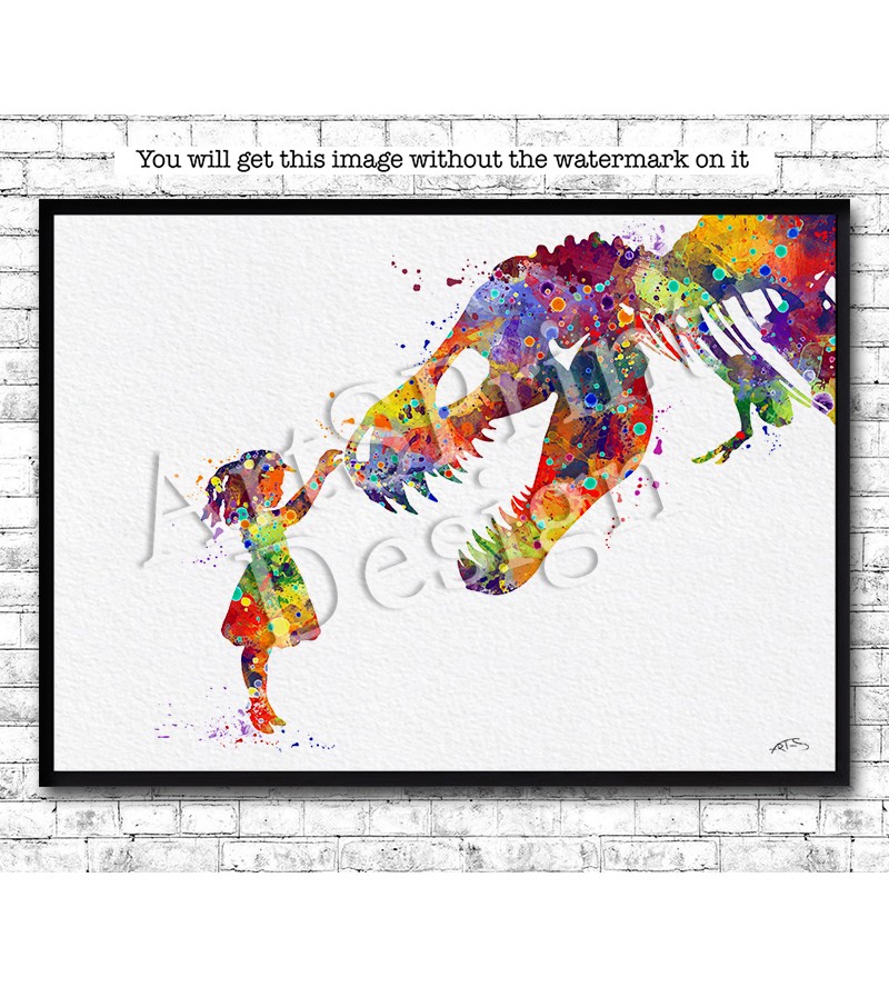 800x888 Girl And T Rex Dinosaur Watercolor Print - T Rex Watercolor