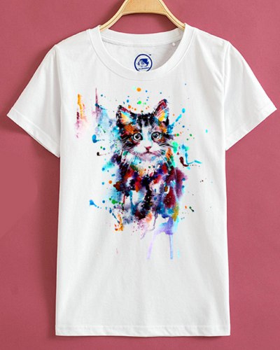 400x500 Watercolor Cat T Shirt For Girls White Short Sleeves Tee Cheap - T Shirt Watercolor