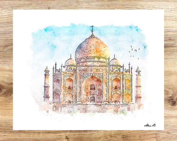 570x453 Taj Mahal City Art Watercolor Art Indian Art City Etsy - Taj Mahal Watercolor