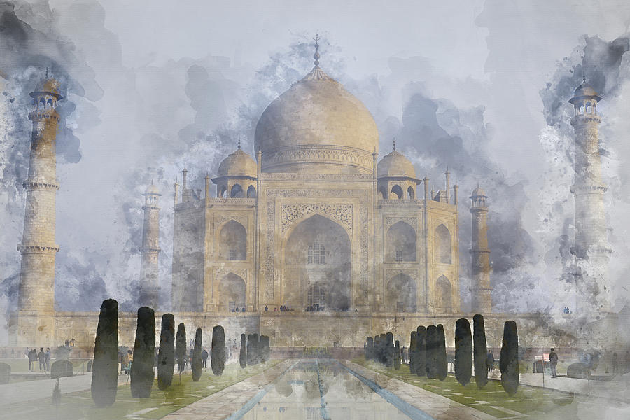 900x600 Taj Mahal Digital Watercolor On Photograph Painting By Brandon - Taj Mahal Watercolor