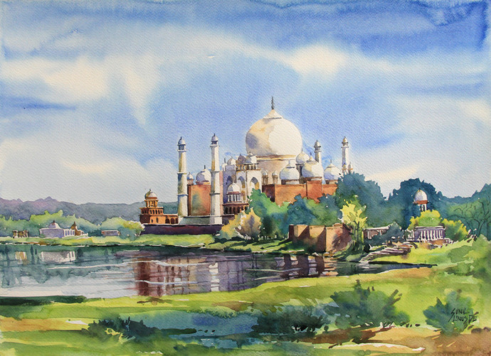 690x501 Taj Mahal By Artist Sunil Linus De Impressionism, Painting - Taj Mahal Watercolor