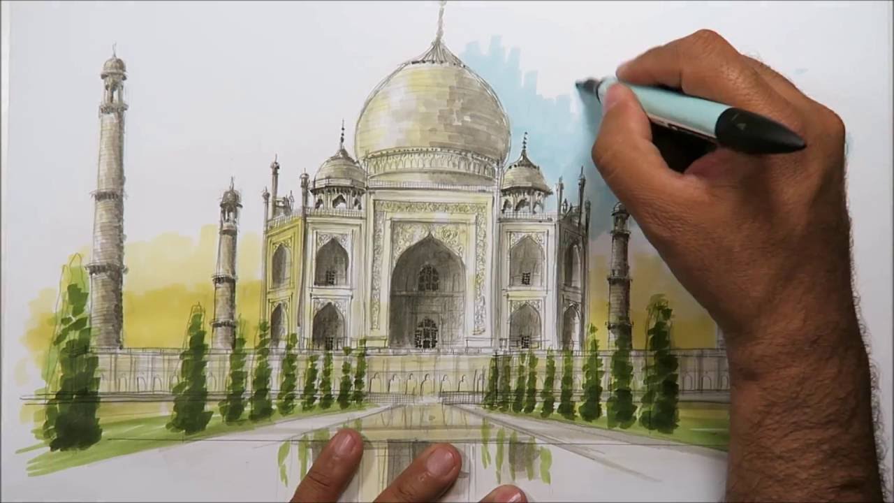 1280x720 Architectural Sketching Taj Mahal - Taj Mahal Watercolor