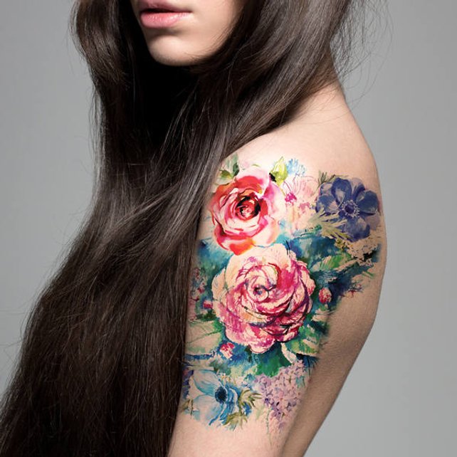 642x642 Supperb Large Temporary Tattoos Watercolor Painting Bouquet Etsy - Tattoo Watercolor Painting